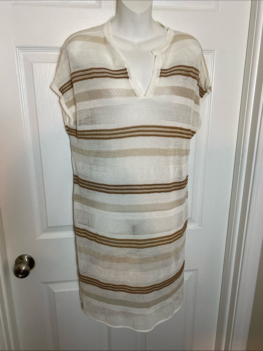 Chico's Cream and Tan Striped Knit Swim Coverup Size Medium